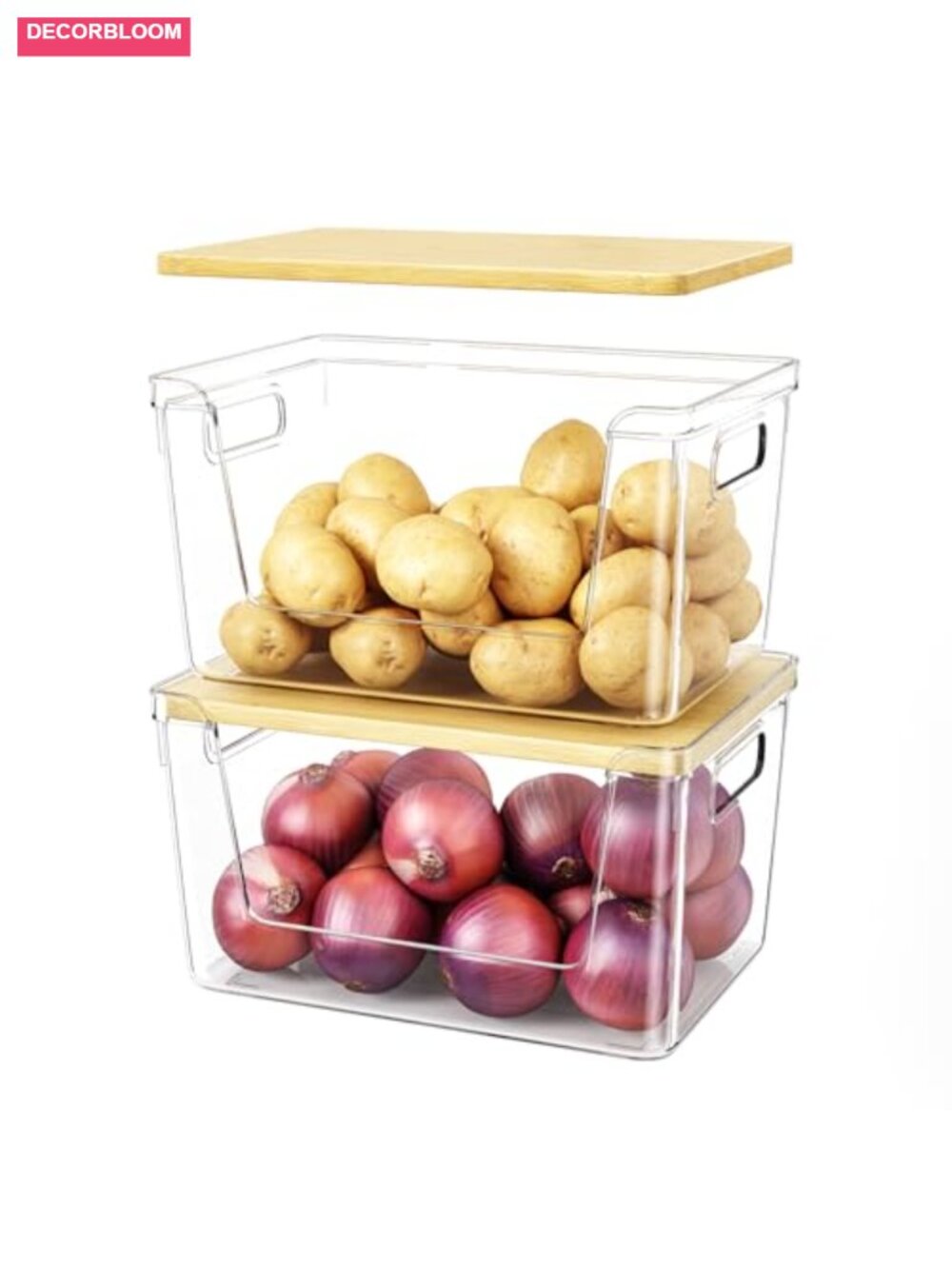 2 Set Pantry Organizer Stackable Storage Bins Bamboo Lid Produce Container